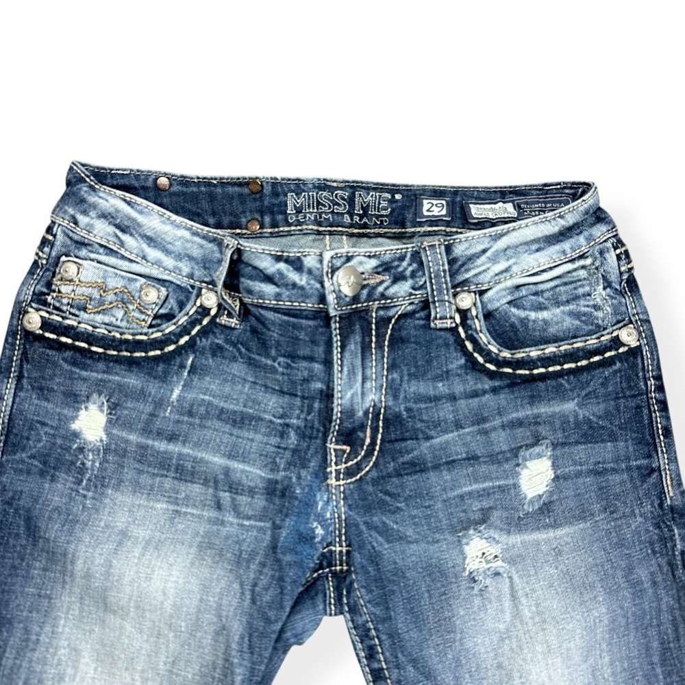 Miss Me Women's Ankle Cropped Jeans Distressed Embroidered Size 29 Blue Denim - Picture 5 of 15